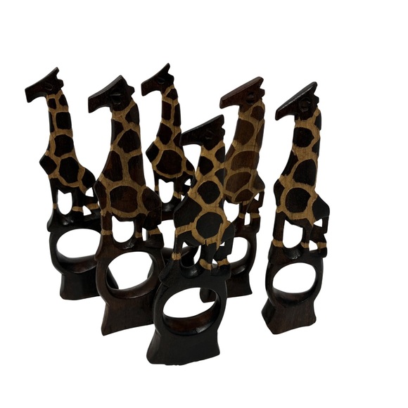 Vintage African Hand-Carved Wooden Giraffe Napkin Rings Safari Dinner Decor - Picture 3 of 8